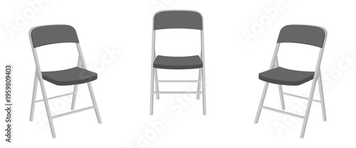portable metal folding chair, front view and side view, vector illustration isolated on white background.