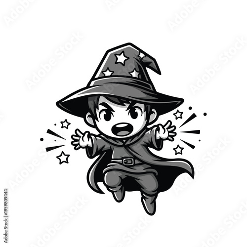A cartoon wizard in a starry hat and cape jumps excitedly with a shocked expression on a plain white background