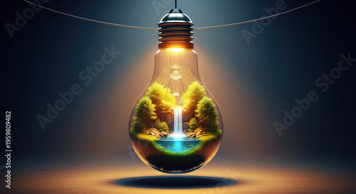 Eco friendly light bulb with natural scenery inside