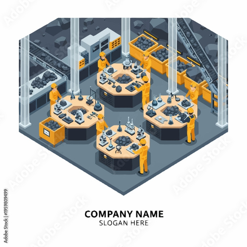 Isometric view of a modern coal processing plant with workers examining samples at laboratory stations.