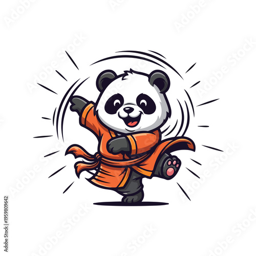 A cheerful cartoon panda in an orange Shaolin uniform performs a dynamic kung fu kick on a clean white background