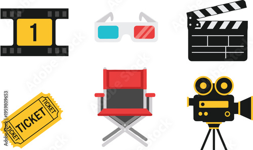 cinema movie icons set, film ticket clapperboard camera director chair 3d glasses, theater entertainment elements, video production illustration concept design