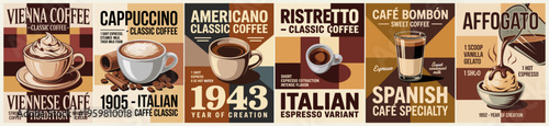 Vintage coffee posters display classic brews. Each design celebrates unique coffee styles with bold fonts. Warm tones and retro layouts evoke nostalgic charm. Ideal for cafes, coffee shops