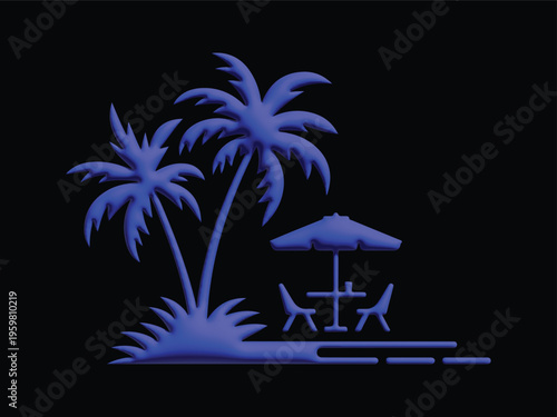 Blue palm trees with beach umbrella and chairs icon