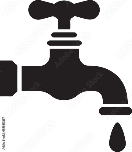 A clean vector illustration of a metallic plumbing faucet with a dripping water drop and valve icon isolated on a steel sink background