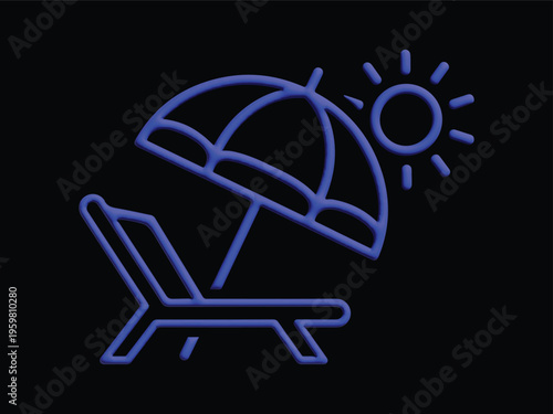 Blue neon icon of a beach lounge chair and umbrella