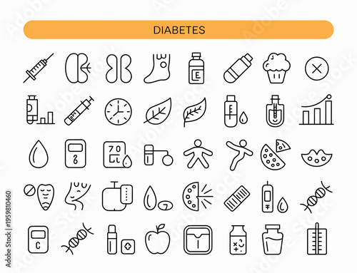 vector diabetes thin line icons, medical and health symbols with clean minimal line art, editable stroke design, isolated scalable elements for UI, print, and awareness projects.