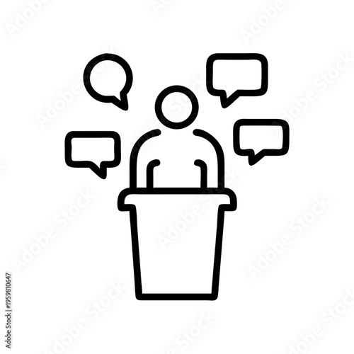 Public speaking speech presentation icon with podium and speech bubbles for communication and conference event