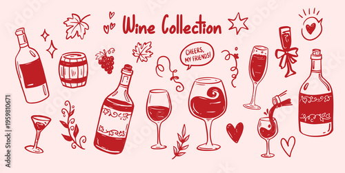 Set of wine collection line art with bottles and glasses for bar menu, restaurant branding, and winery design.