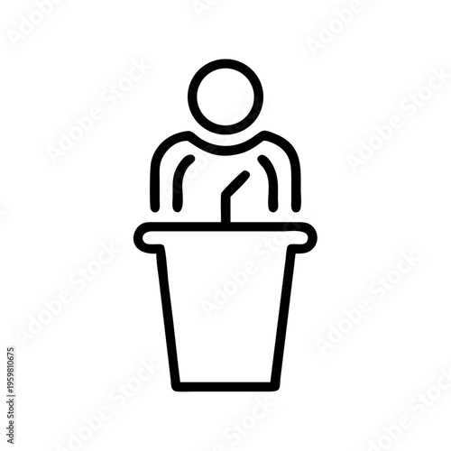 Speaker giving presentation at podium vector icon for public speaking event or conference or political rally use