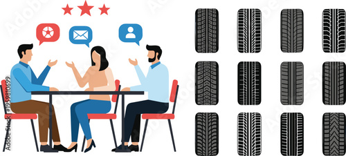 Diverse business team having a meeting at a table with speech bubbles for customer feedback review analysis and professional communication isolated on white background