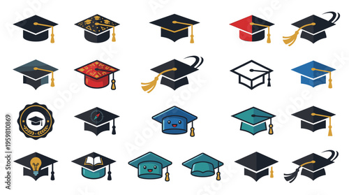 Collection of colorful graduation caps, showcasing various designs and styles.