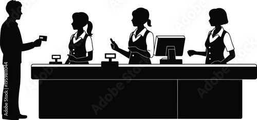 Silhouette of customer service counter scene with cashier employees and male shopper, highlighting retail transaction, teamwork, and point‑of‑sale interaction illustration design.