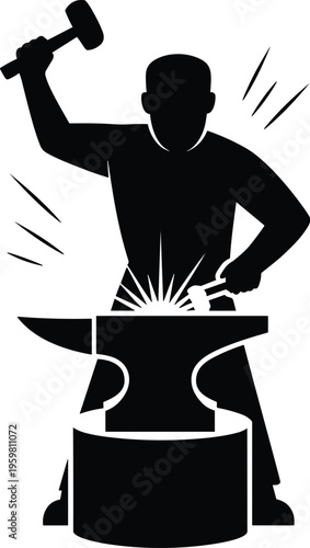Silhouette of a blacksmith hammering metal on an anvil, representing traditional craftsmanship, forging, and strength in labor for industrial and artisan illustration design.