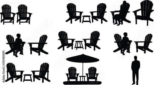 Silhouettes of Adirondack chairs with tables, umbrellas, and seated figures, showcasing outdoor furniture arrangements for leisure, relaxation, and social gathering design illustration.