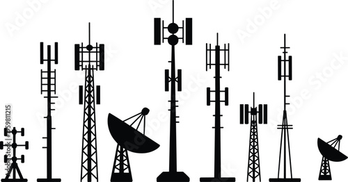 Telecommunication towers and satellite dishes silhouette, representing mobile networks, signal transmission, wireless communication,