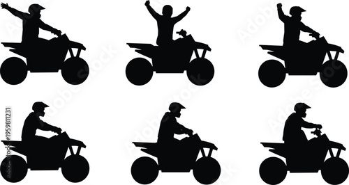 Silhouettes of ATV riders in dynamic poses and expressive gestures, showcasing adventure, freedom, and excitement in off‑road all‑terrain vehicle sports illustration design.