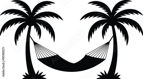 Tropical palm tree silhouette with hammock between fronds, symbolizing relaxation, vacation, leisure, and exotic travel destinations in a peaceful island paradise setting