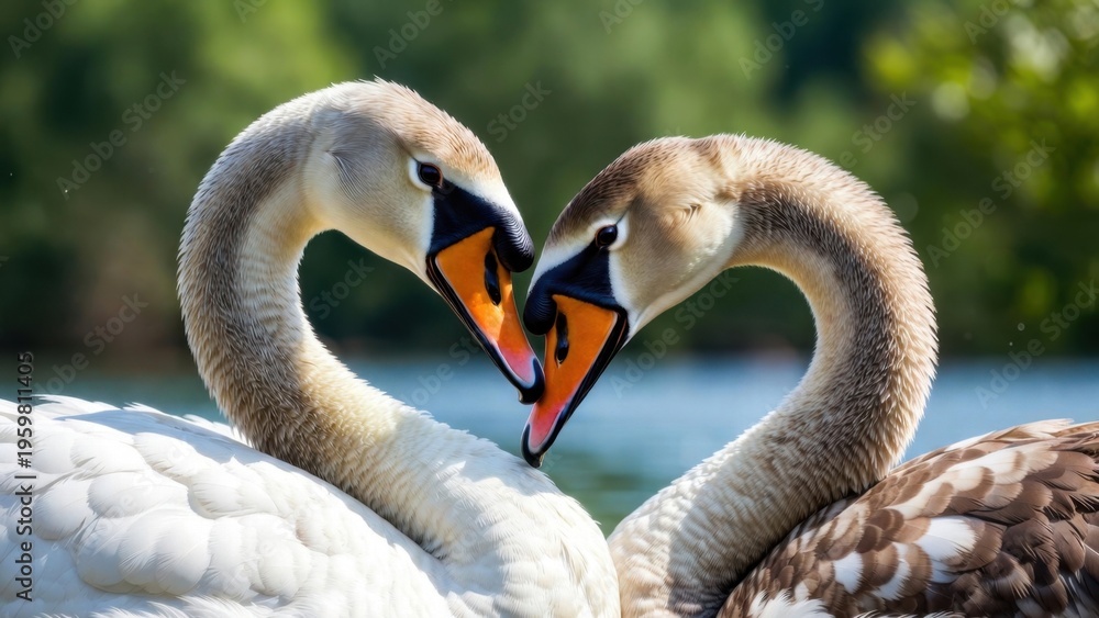 Fototapeta premium Two swans form a heart with their necks