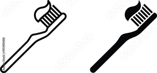 Stylized toothbrush icons with toothpaste illustration representing dental hygiene, oral care, healthy teeth, brushing routine, dental products, and modern healthcare design for stock use.