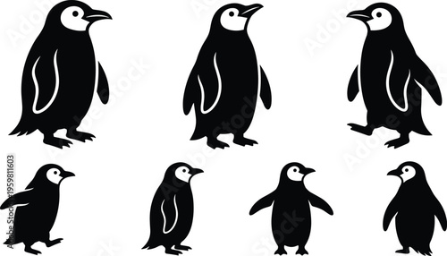 Cute Penguin Vector Silhouette Set with Emperor Penguin Chicks in Various Poses Including Walking Standing and Waving for Winter Wildlife Design