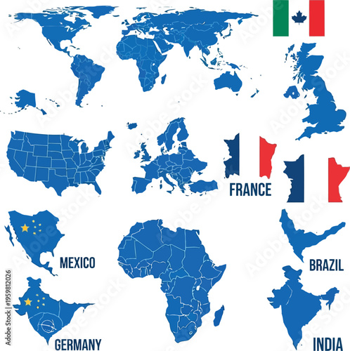 Set of blue textured maps featuring the world continents and specific countries with flags