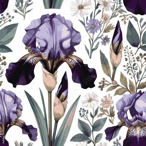 Created on Wild irises blooming, background with flowers and brunch. Detailed botanic floral collection for Valentines day invitation, wallpaper art vector art with white background