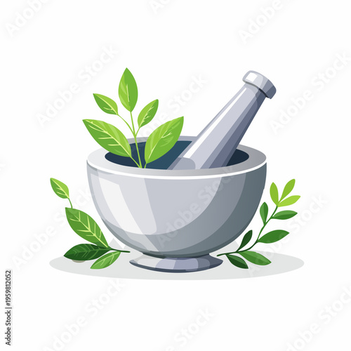 Mörser und Stößel mit Kräutern Naturmedizin Vektor