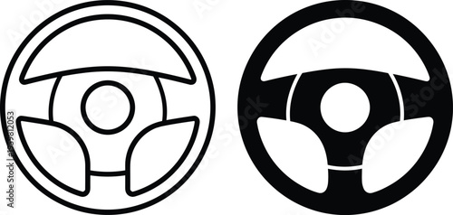 Stylized car steering wheel icons in black and white variations, featuring outline and solid fill designs, perfect for automotive, driving, and user interface projects.
