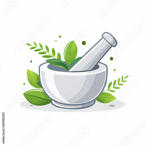 Mörser und Stößel mit Kräutern Naturmedizin Vektor