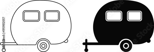 Stylized black and white travel trailer icon illustration, minimal camping caravan silhouette design, outdoor vacation vehicle symbol for road trip, tourism, and adventure projects