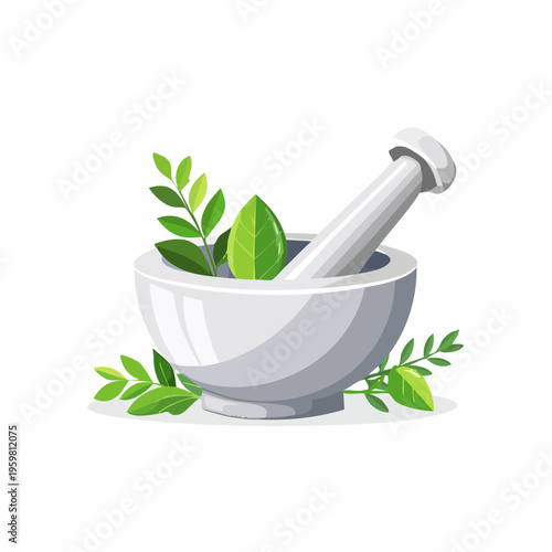 Mörser und Stößel mit Kräutern Naturmedizin Vektor