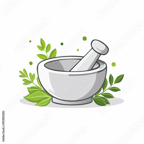 Mörser und Stößel mit Kräutern Naturmedizin Vektor