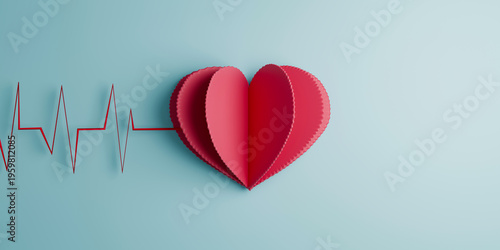 Heartbeat Line Connecting to Red Paper Heart Symbol Health and Love Concept