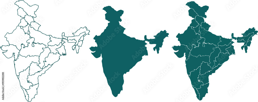 Obraz premium Detailed collection of india maps featuring a line art outline, a solid fill, and a grunge texture.
