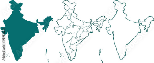 Three different versions of the map of india including silhouette and administrative boundaries