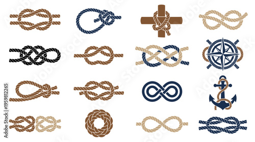 Collection of nautical knots in various styles and colors, arranged in a grid pattern on a white background.