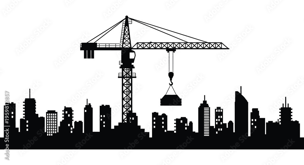 Obraz premium Construction crane over a city skyline dramatic black silhouette