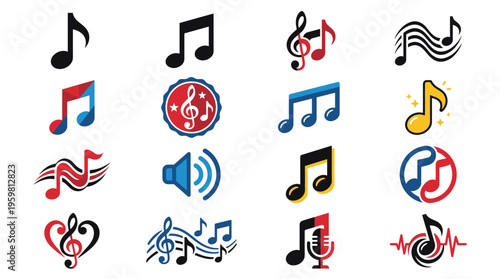 A collection of various colorful musical notes and symbols, representing music and sound.