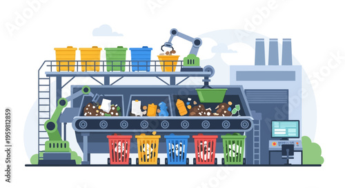 Automated Waste Sorting and Recycling Facility with Robotic Arms and Conveyor Belt System