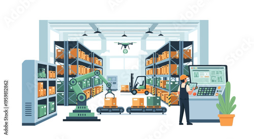 Automated Smart Warehouse with Robotic Arm, Drone, Forklift & Operator. Modern Logistics, Industry 4.0, Supply Chain Management & Inventory Technology Illustration.