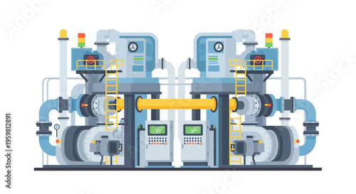 Industrial Factory Machinery: Flat Vector Illustration of Manufacturing Plant Equipment with Pipes, Pumps, Valves & Control Panels
