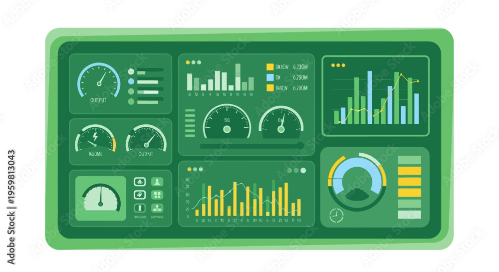 Fototapeta premium Green Digital Dashboard: Data Analytics, Business Intelligence & Performance Monitoring Interface with Charts, Gauges, and Real-Time Metrics UI/UX