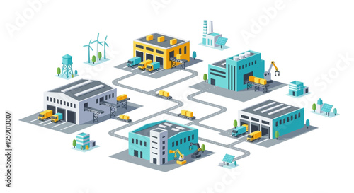 Isometric Smart Factory & Logistics Network with Renewable Energy: Modern Supply Chain & Manufacturing Hubs