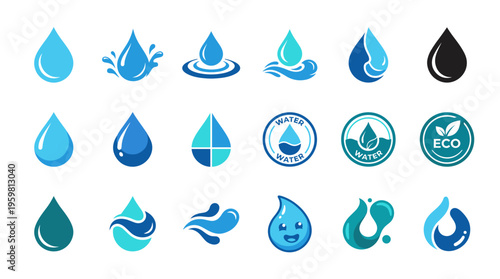 Collection of various stylized water droplet and wave icons, showing different designs.