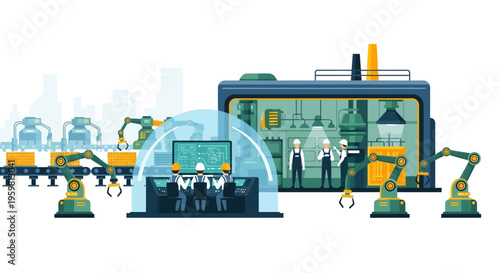 Industry 4.0 Manufacturing with Robotic Automation, Engineers Operating a Smart Factory Control Room
