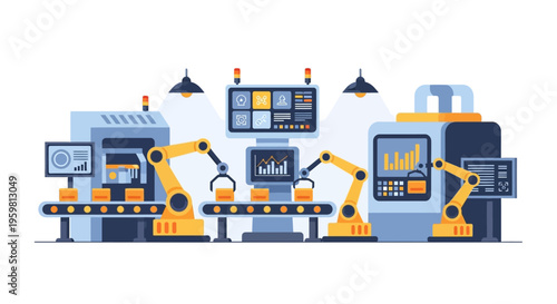 Automated Factory Production Line with Robotic Arms & Smart Manufacturing Technology Illustration