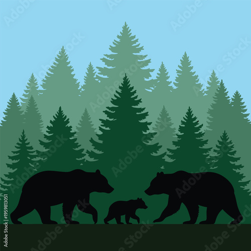 Family of bears walking together.