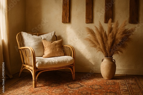 Cozy Bohemian Interior with Rattan Chair and Pampas Grass
