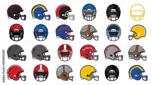 Array of colorful football helmets in various designs and styles, arranged in a grid pattern.